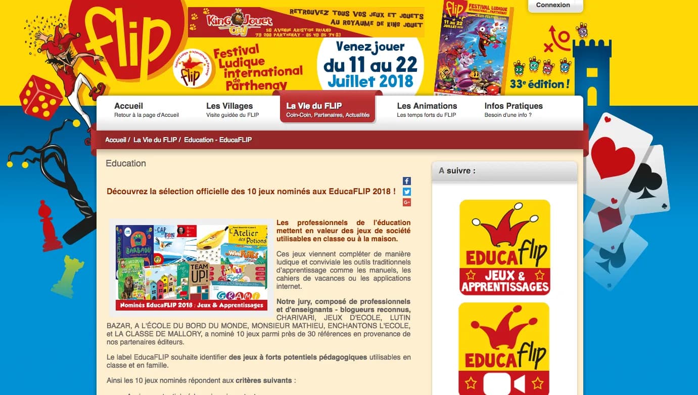 La page EducaFLIP du site du Festival Ludique International de Parthenay annonçant les dix jeux nominés en 2018