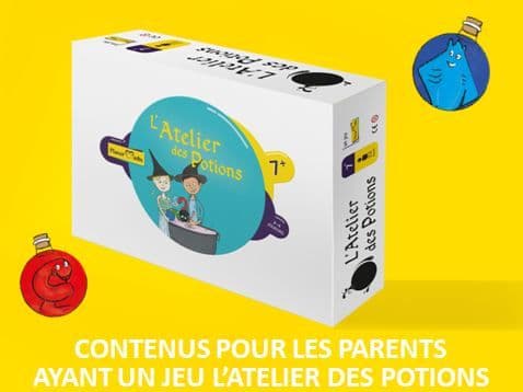 Visuel « Contenus pour les parents ayant un jeu L'Atelier des Potions », avec la boîte du jeu sur fond jaune