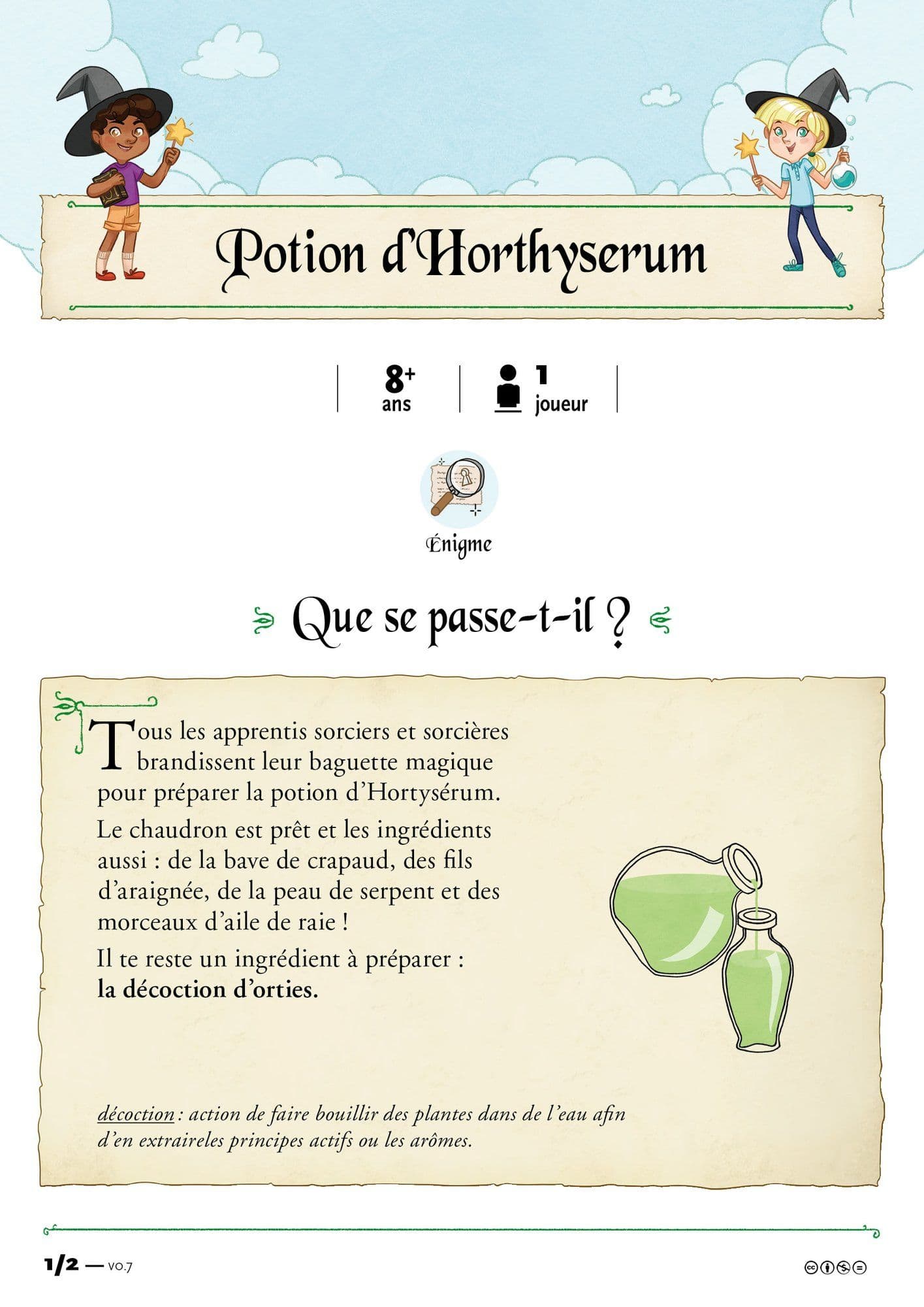 Fiche « Potion d'Hortysérum », énigme des Récréations Mathématiques