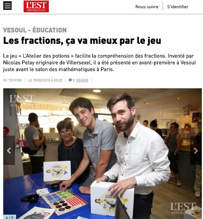 Article de L'Est Républicain du 29 mai 2018 intitulé « Les fractions, ça va mieux par le jeu »
